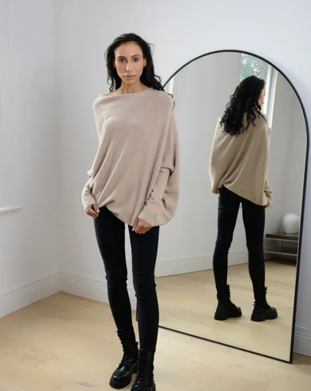 Beige Women’s Swing Collar Off-Shoulder Knit Jumper on model