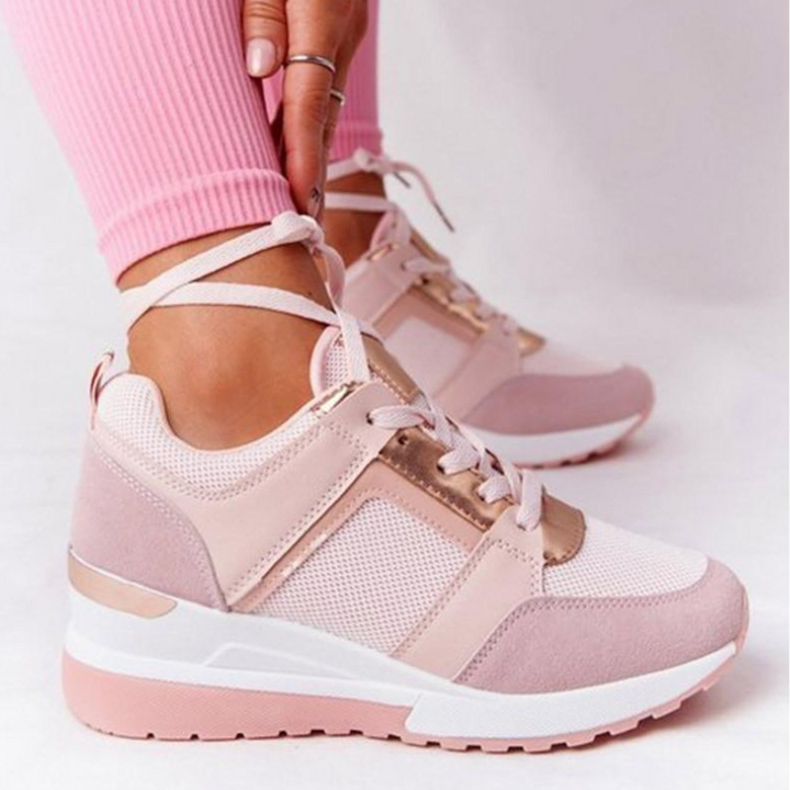 Pink Women’s Orthopedic Comfort Heel Sneakers on the model