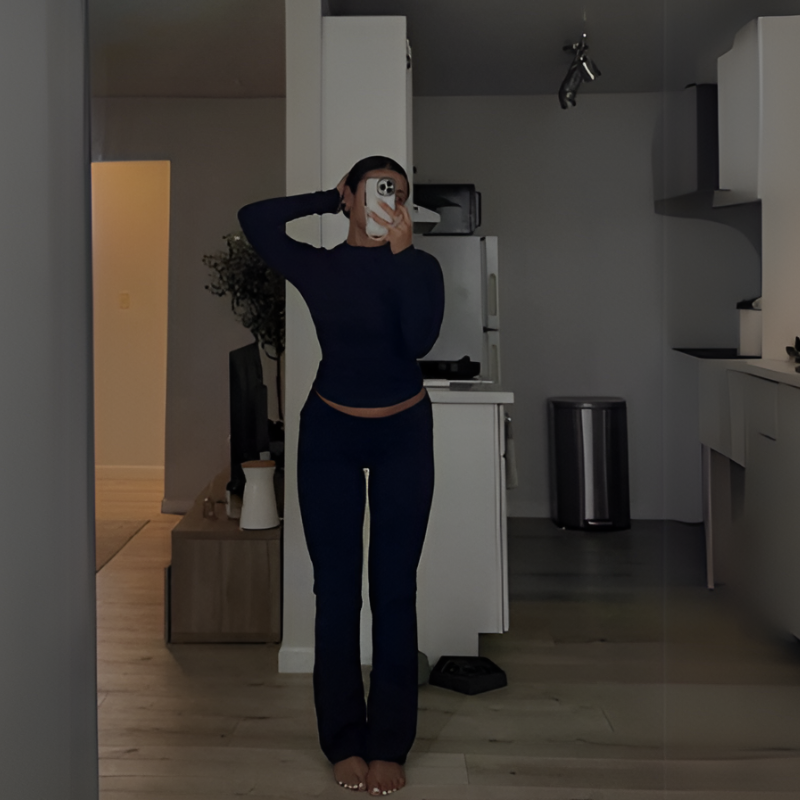 Navy Blue Women’s Foldover Waistband  Lounge Set - Long Sleeves on the model