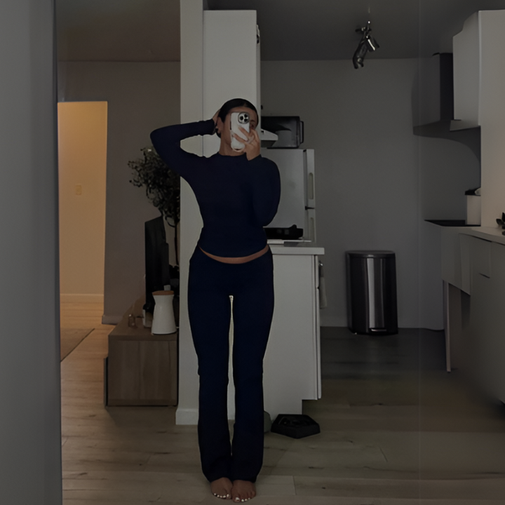 Navy Blue Women’s Foldover Waistband  Lounge Set - Long Sleeves on the model