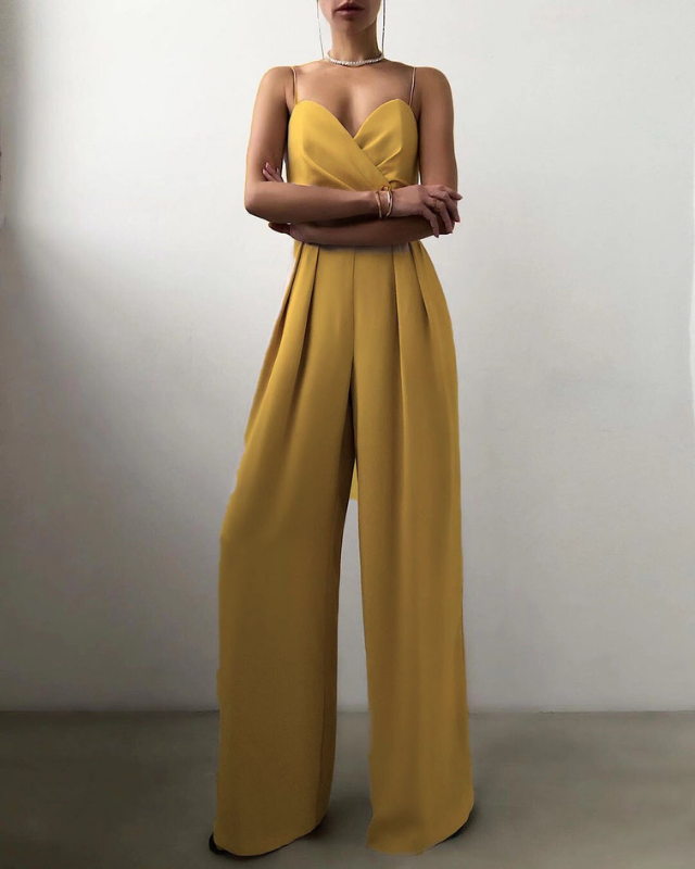 Yellow Women’s Elegant Sweetheart Neckline Wide-Leg Jumpsuit on the model
