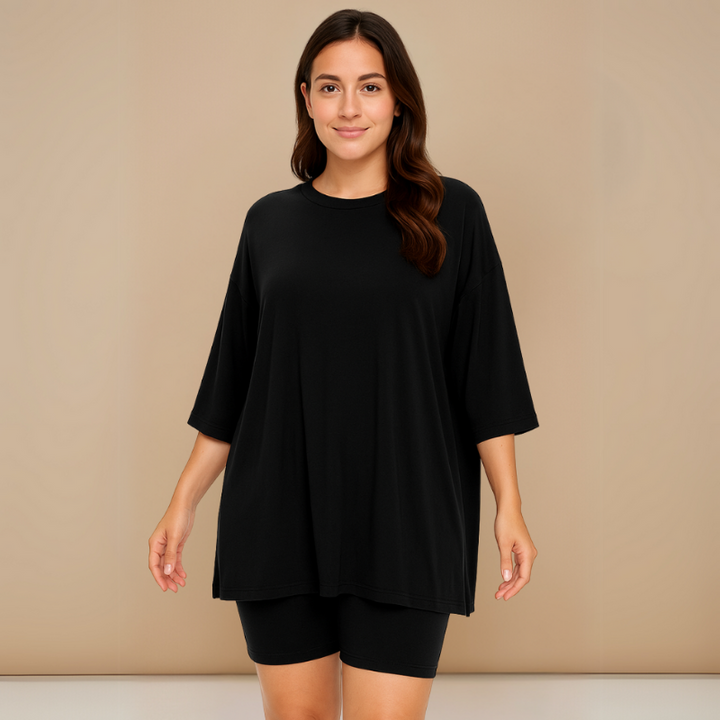 Black Women’s Oversized Ribbed Tee & Biker Shorts Set on the model