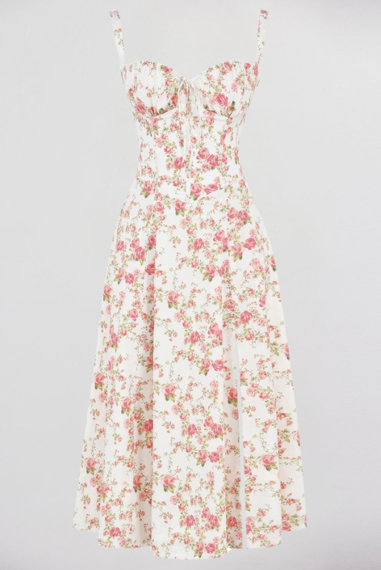 Pink Floral Women’s Printed Bustier Midi Dress 