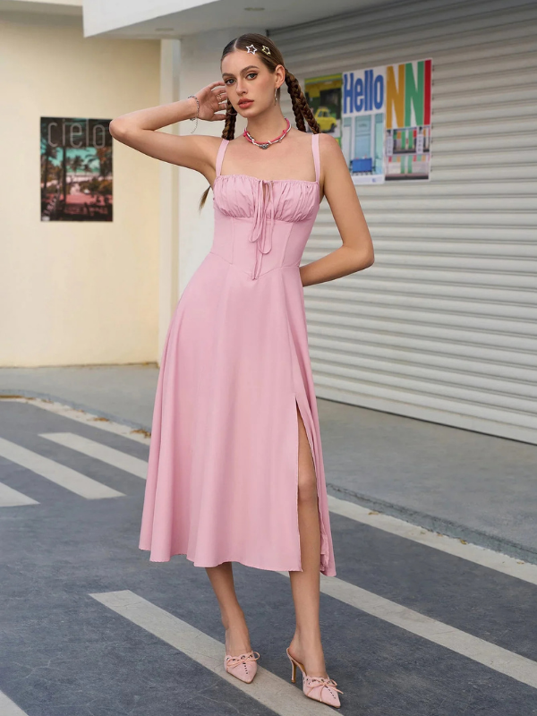 Pink Women’s Adjustable A-Line Midi Dress on model