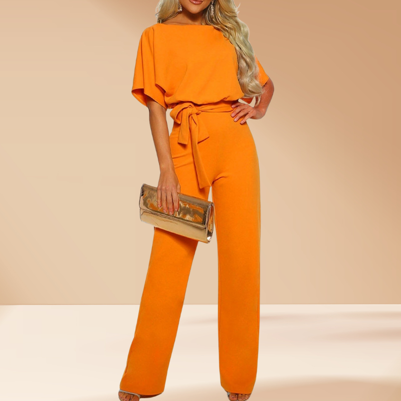 Yellow Women’s Chic Tie Waist Wide-Leg Jumpsuit on the model