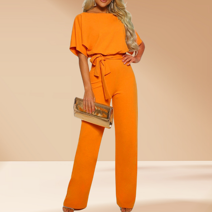 Yellow Women’s Chic Tie Waist Wide-Leg Jumpsuit on the model