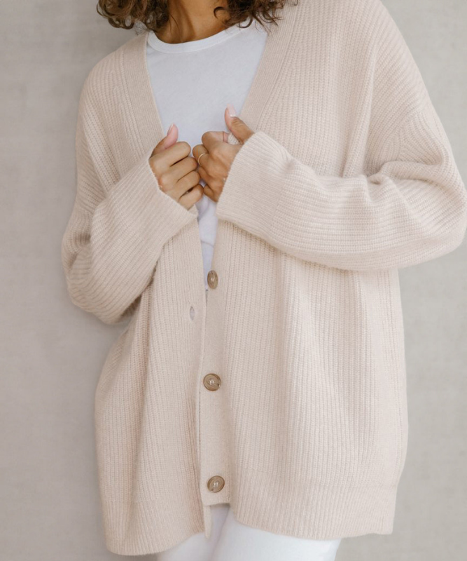 Oatmeal Women’s V-Neck Button Closure Knit Cardigan on the model