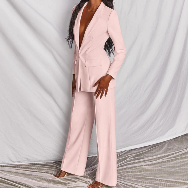 Light Pink Women’s Elegant Tailored Fit Blazer & Trousers Set on model