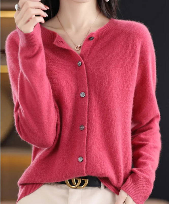 Dark Pink Women’s Elegant V-Neck Button-Detailed Sweater on the model