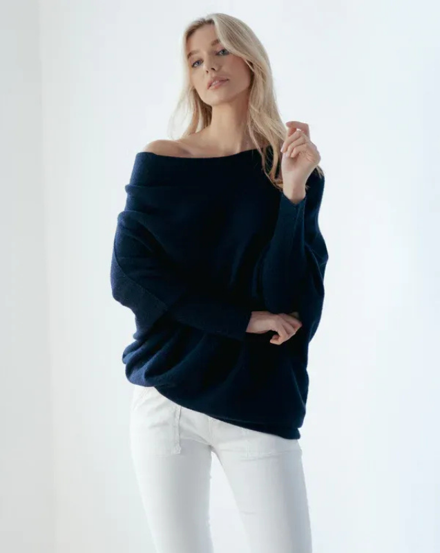 Navy Women’s Swing Collar Off-Shoulder Knit Jumper on model