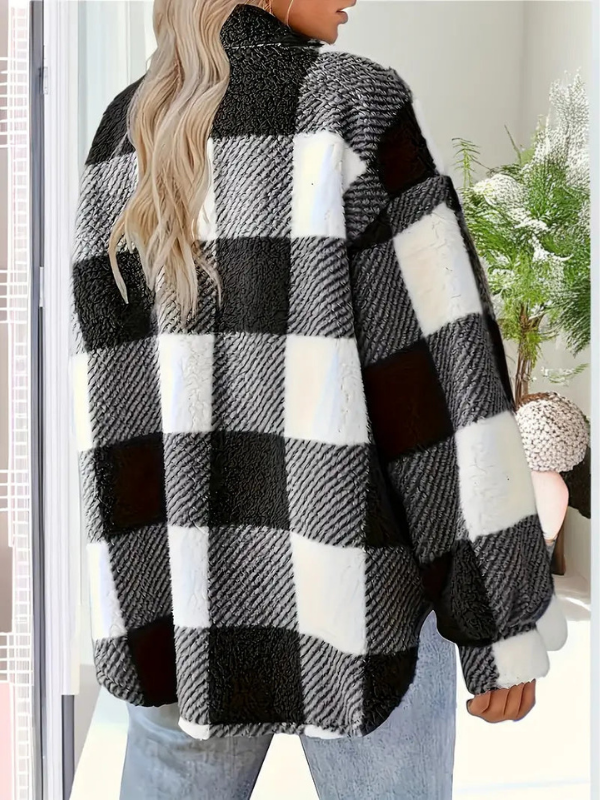 Black Women’s Classic Fit Plaid Long Sleeve Jacket on the model