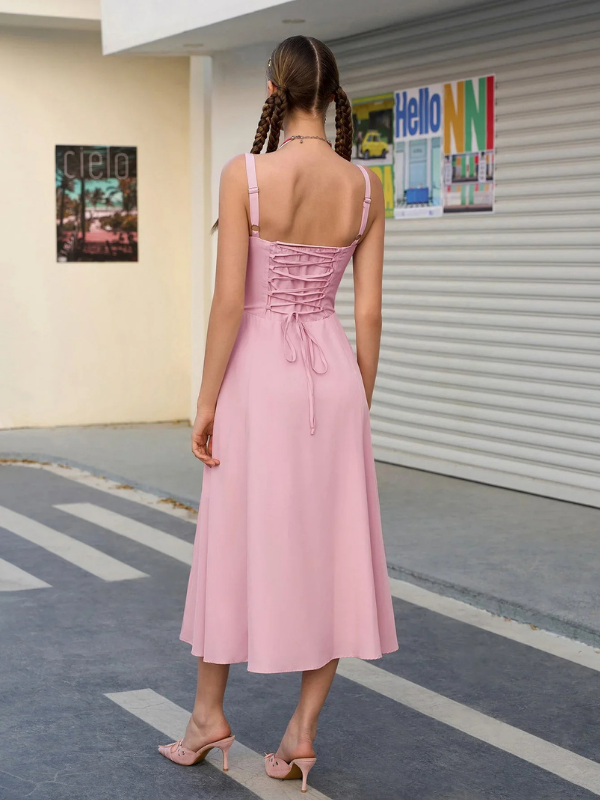 Pink Women’s Adjustable A-Line Midi Dress on model