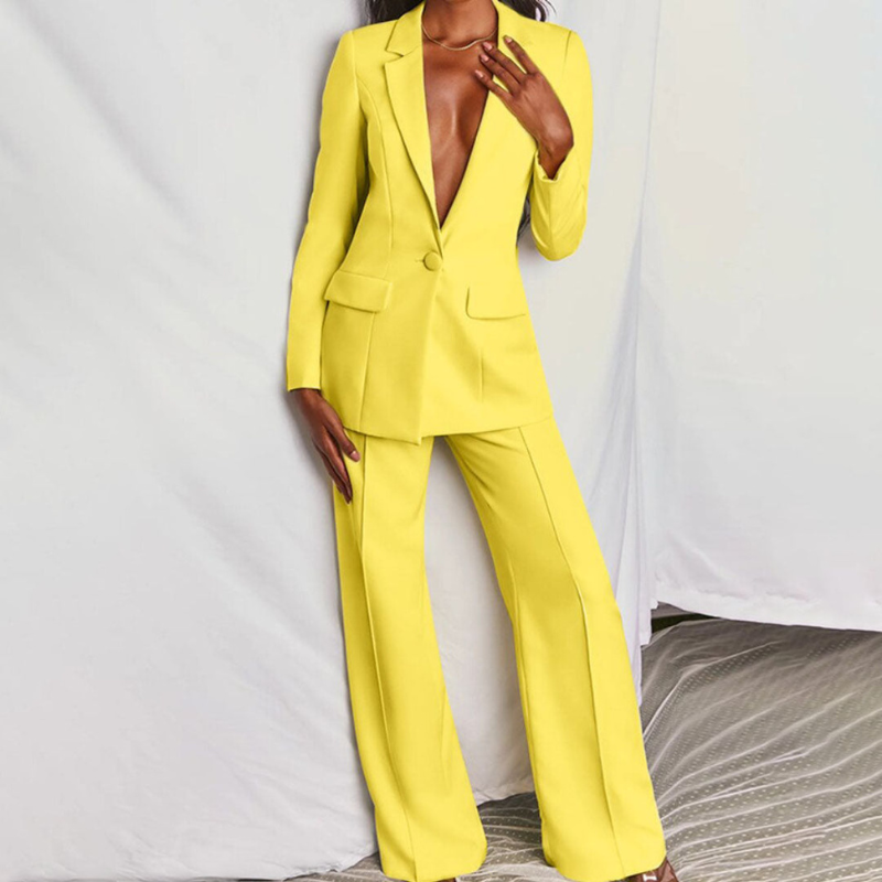 Yellow Women’s Elegant Tailored Fit Blazer & Trousers Set on model