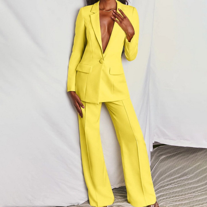 Yellow Women’s Elegant Tailored Fit Blazer & Trousers Set on model
