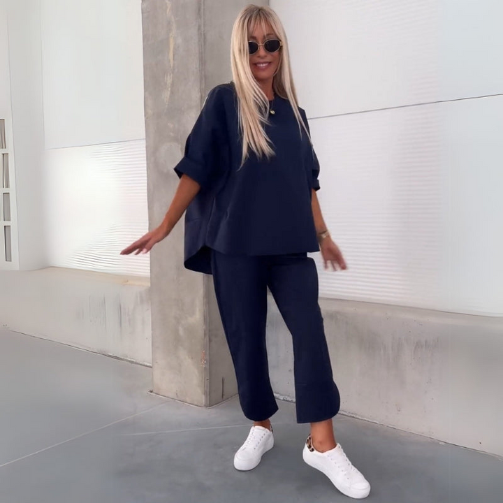 Dark Blue Women’s Coordinated Minimalist Fit Tracksuit Set on the model