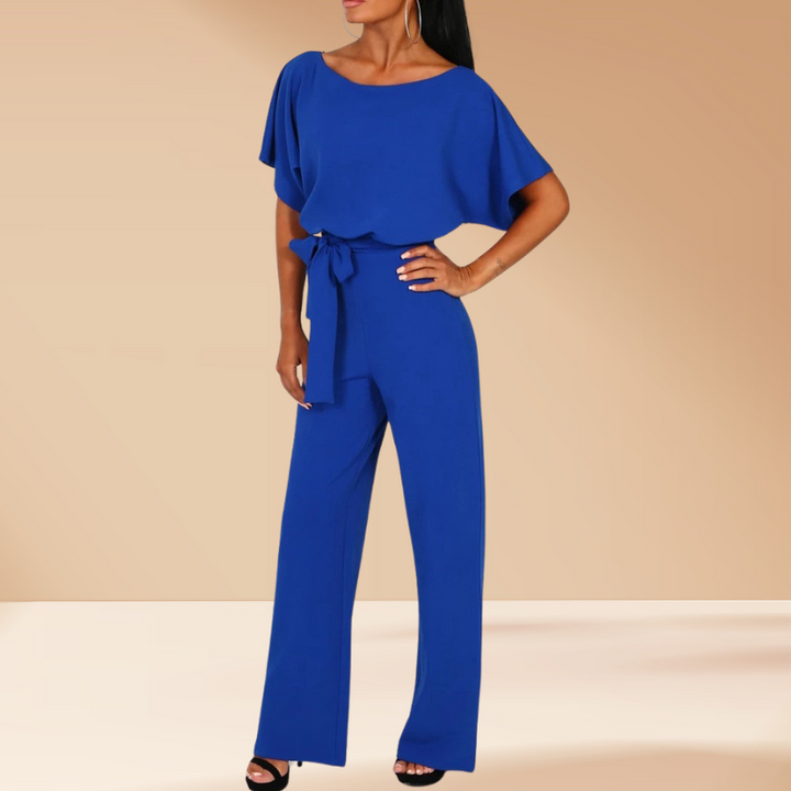 Blue Women’s Chic Tie Waist Wide-Leg Jumpsuit on the model