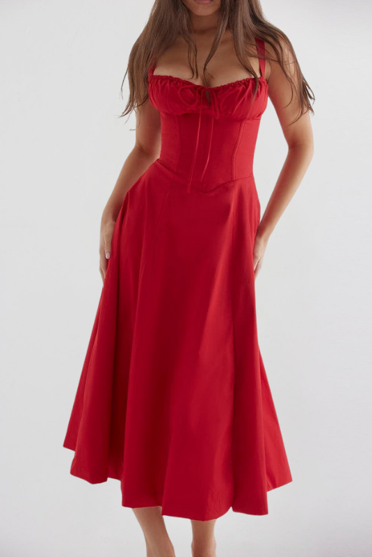 Red Women’s Printed Bustier Midi Dress on the model