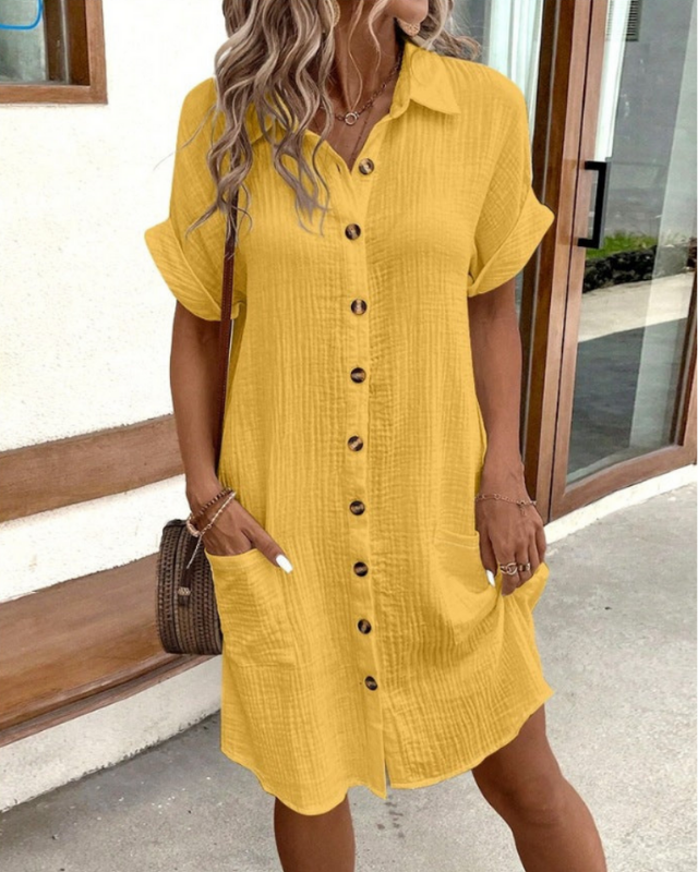 Yellow Women’s Elegant Lightweight Shirt Dress on model