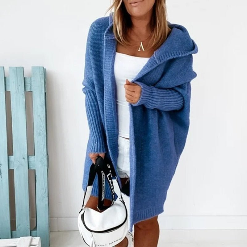 Blue Women’s Cozy Oversized-Fit Hooded Cardigan on the model