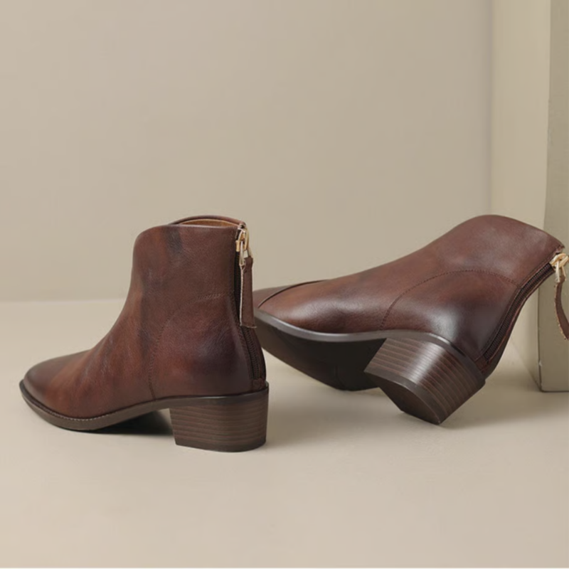 Brown Women’s Elegant Block Heel Ankle Boots on the model