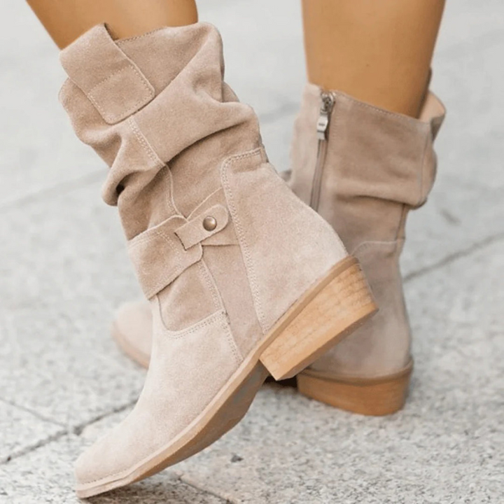 Apricot Women’s Comfortable Everyday Fit Suede Boots on the model