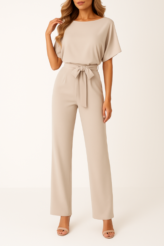 Beige Women’s Elegant Minimalist One-Piece Jumpsuit on the model
