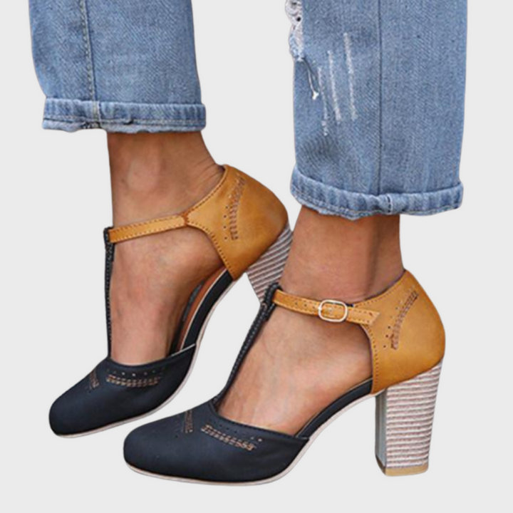 Women’s T-strap heels with Stacked Heel & Buckle Closure