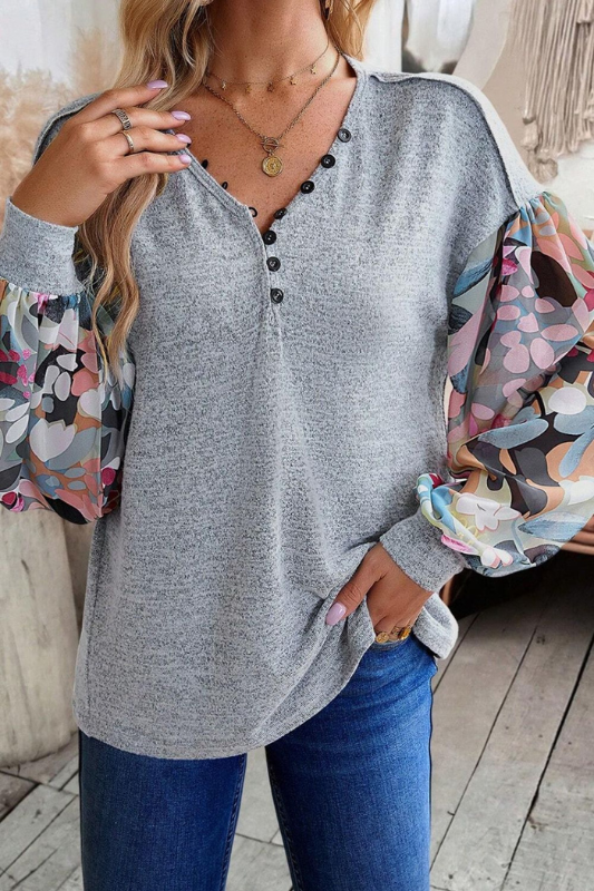 Avery | Women's Printed Lantern Sleeve Buttoned V Neck Top