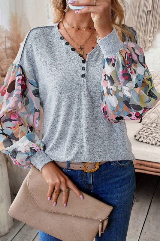 Avery | Women's Printed Lantern Sleeve Buttoned V Neck Top
