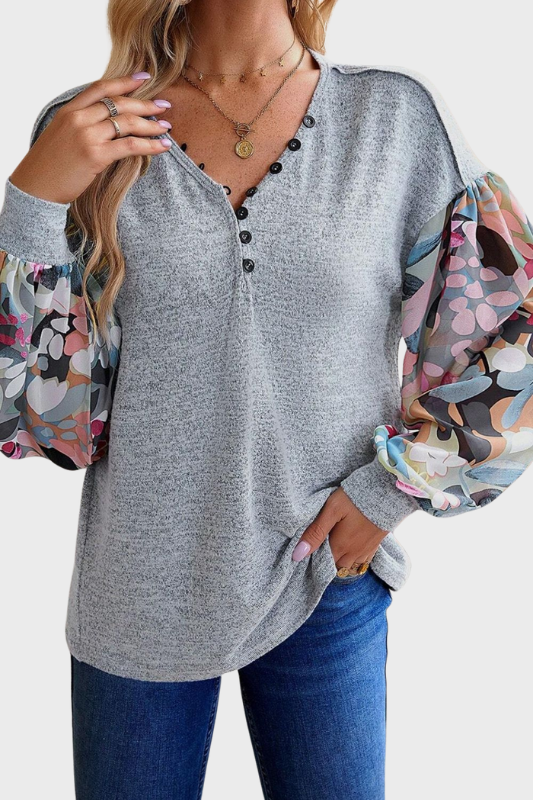 Avery | Women's Printed Lantern Sleeve Buttoned V Neck Top