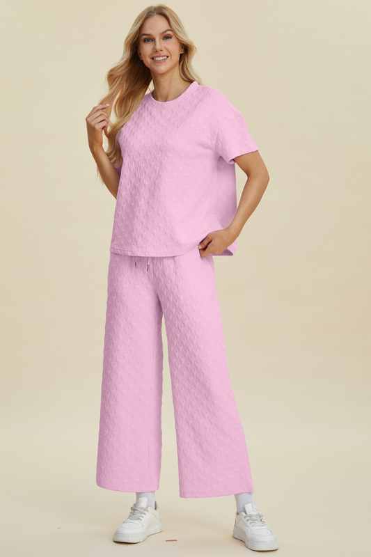 Avery | Women's Texture Round Neck Short Sleeve Top and Pants Set