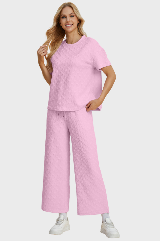 Avery | Women's Texture Round Neck Short Sleeve Top and Pants Set