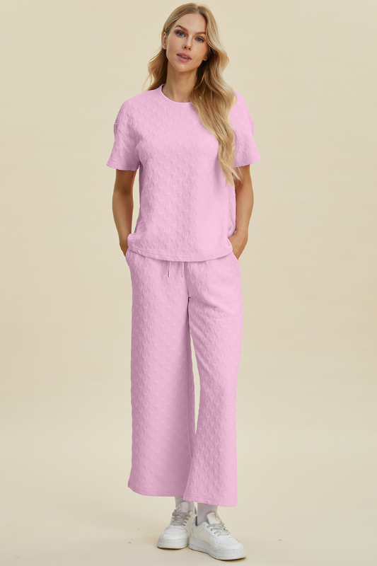 Avery | Women's Texture Round Neck Short Sleeve Top and Pants Set