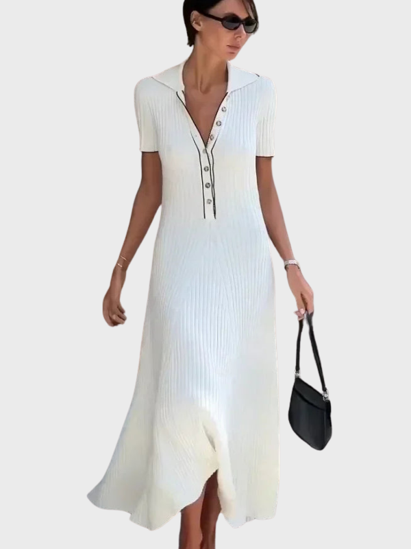 Women’s Ribbed Knit Maxi Dress with Collared V-Neck Buttoned
