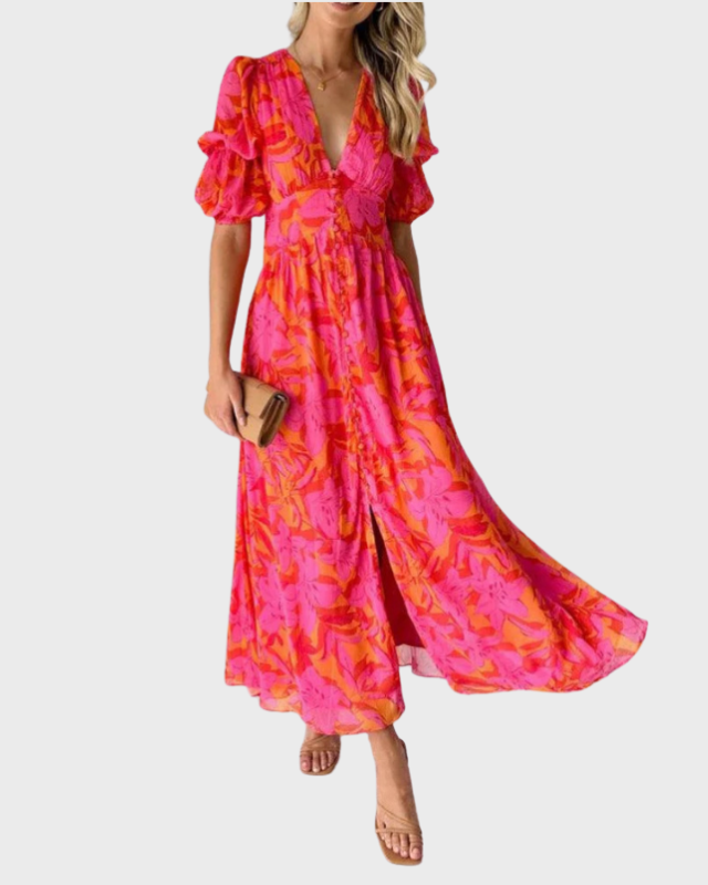 Liliane | Women’s Floral Maxi Dress | Puff Sleeve V-Neck