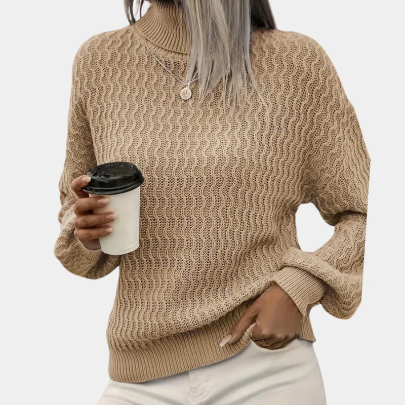 Beige Women’s Argyle Stretch-Fit Turtleneck Sweater on the model