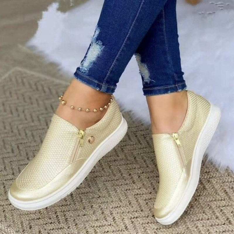 Beige Women’s Elegant Comfort Fashion Sneakers on the model