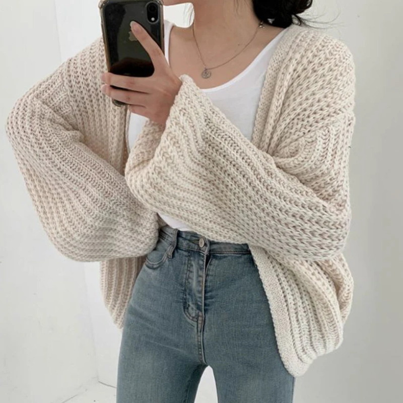Beige Women’s Lantern Sleeve Vintage Cardigan on the model