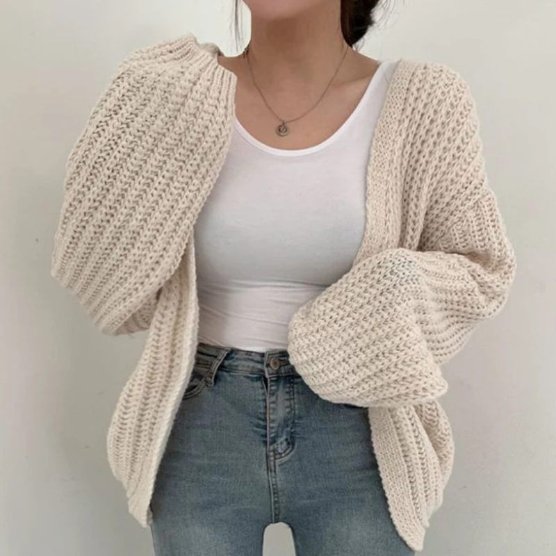 Beige Women’s Lantern Sleeve Vintage Cardigan on the model
