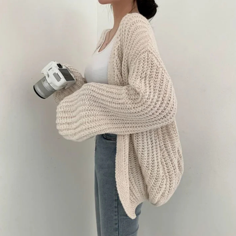 Beige Women’s Lantern Sleeve Vintage Cardigan on the model