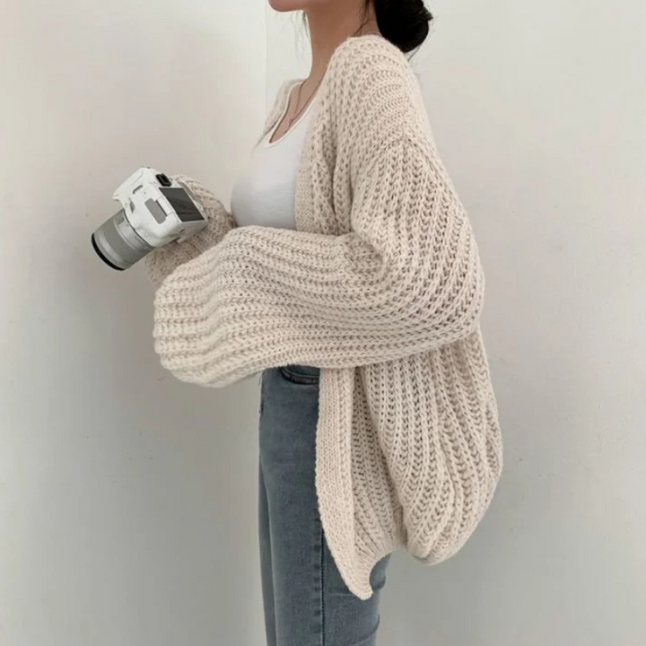 Beige Women’s Lantern Sleeve Vintage Cardigan on the model