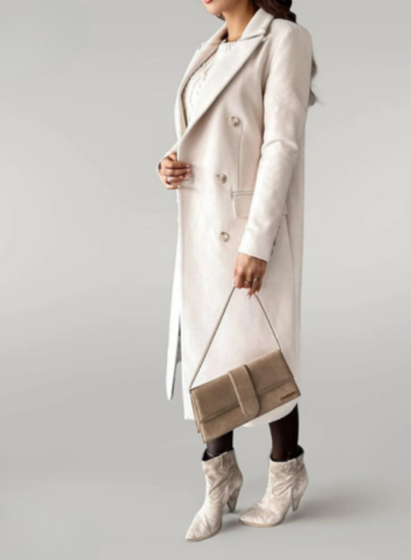 Beige Women’s Long Double-Breasted Tailored Fit Coat on the model