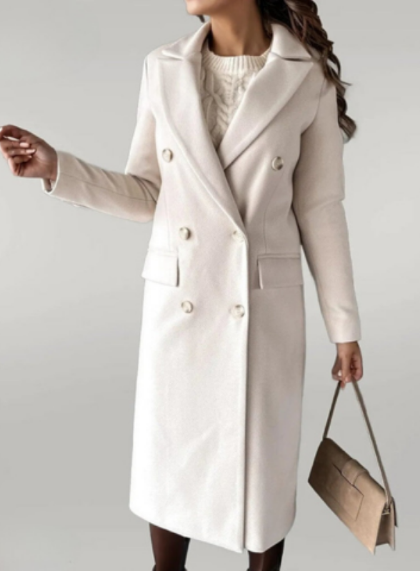 Beige Women’s Long Double-Breasted Tailored Fit Coat on the model