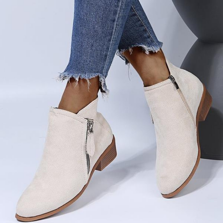 Beige Women’s PU Leather Comfort Ankle Boots on the model
