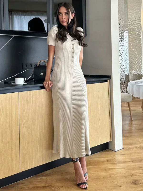Women’s Ribbed Knit Maxi Dress with Collared V-Neck Buttoned