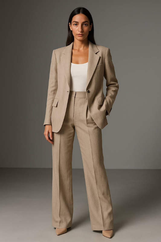 Beige Women’s Slim Blazer & Wide-Leg Pants Two-Piece Suit on the model