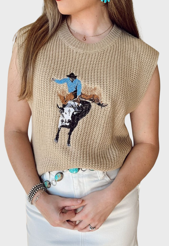 Bella | Women's Western Cowboy Embroidery Round Neck Sleeveless Sweater