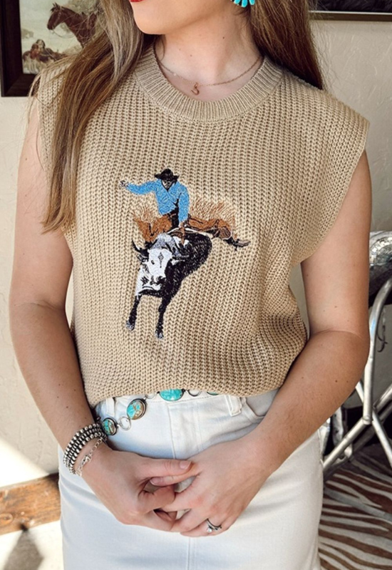 Bella | Women's Western Cowboy Embroidery Round Neck Sleeveless Sweater