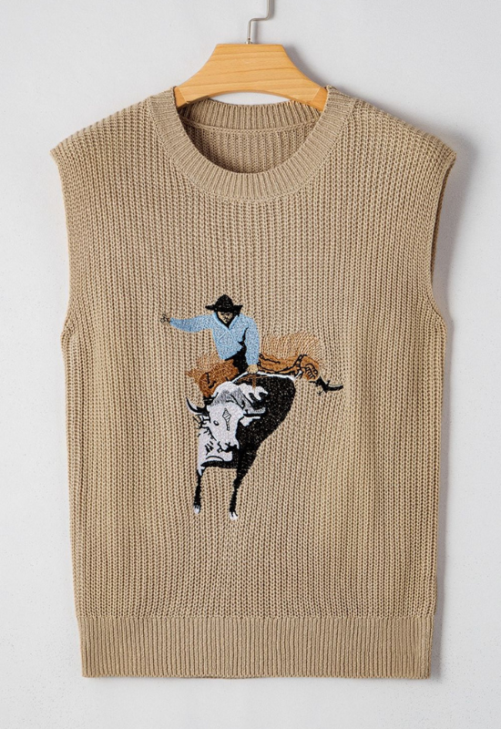 Bella | Women's Western Cowboy Embroidery Round Neck Sleeveless Sweater