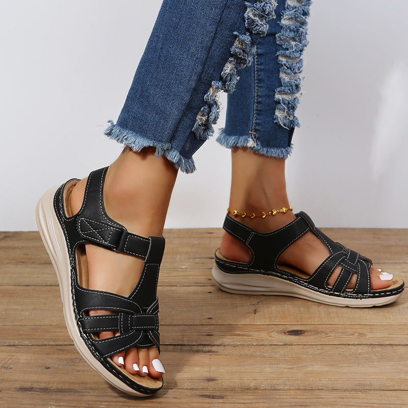 Black Women’s Adjustable Comfort Velcro Sandals on the model